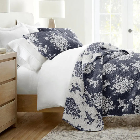 Distressed Bouquet Quilted Coverlet Set 3-Piece — Reversible Coverlet + 2 Pillow Shams, Lightweight Floral Bedding