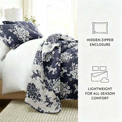 Distressed Bouquet Quilted Coverlet Set 3-Piece — Reversible Coverlet + 2 Pillow Shams, Lightweight Floral Bedding