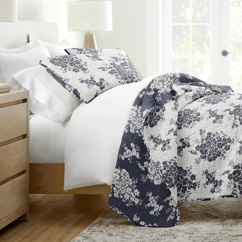 Distressed Bouquet Quilted Coverlet Set 3-Piece — Reversible Coverlet + 2 Pillow Shams, Lightweight Floral Bedding