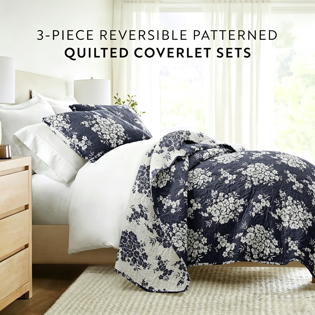 Distressed Bouquet Quilted Coverlet Set 3-Piece — Reversible Coverlet + 2 Pillow Shams, Lightweight Floral Bedding