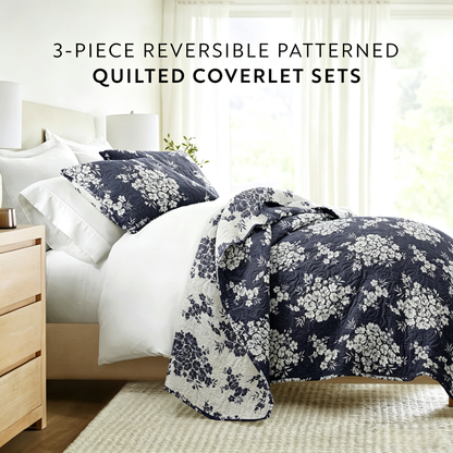 Distressed Bouquet Quilted Coverlet Set 3-Piece — Reversible Coverlet + 2 Pillow Shams, Lightweight Floral Bedding