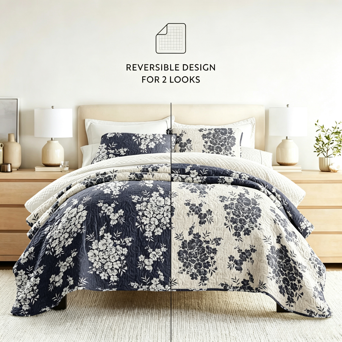 Distressed Bouquet Quilted Coverlet Set 3-Piece — Reversible Coverlet + 2 Pillow Shams, Lightweight Floral Bedding
