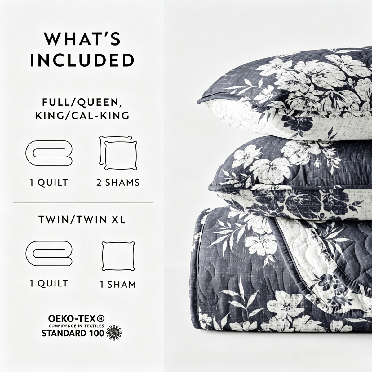 Distressed Bouquet Quilted Coverlet Set 3-Piece — Reversible Coverlet + 2 Pillow Shams, Lightweight Floral Bedding