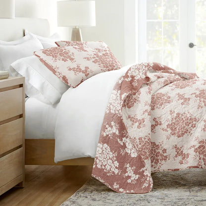 Distressed Bouquet Quilted Coverlet Set 3-Piece — Reversible Coverlet + 2 Pillow Shams, Lightweight Floral Bedding